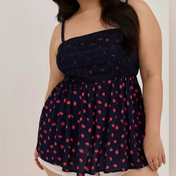 TORRID NAVY BLUE STRAWBERRY PRINT CROCHET SLEEVELESS BABYDOLL TANK TOP
WOMENS 2X - Picture 1 of 8